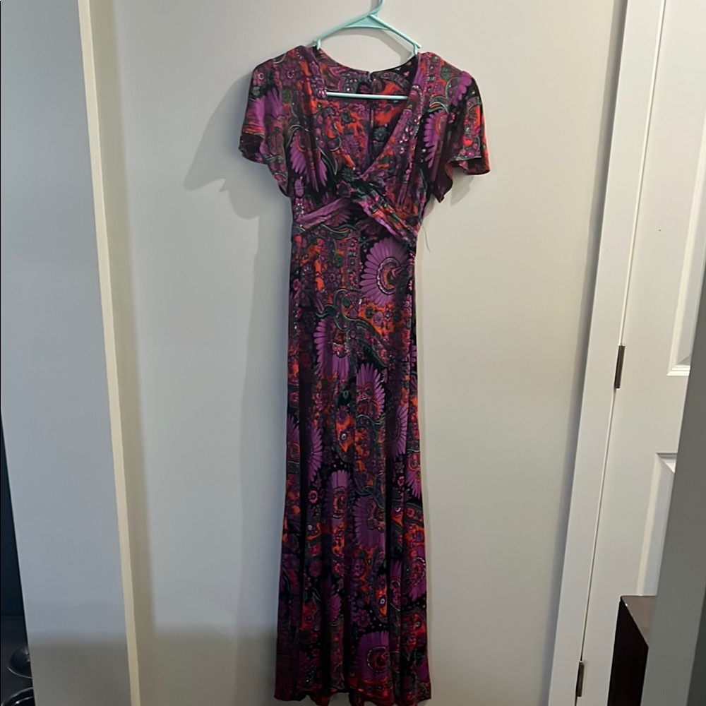 Pink and Red V-Neck Flutter Sleeve Maxi Dress